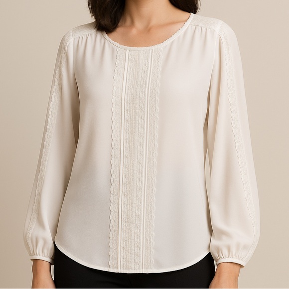 Tahari Tops - 🆕 ✨ Tahari White Long Sleeve Blouse XL Feminine Lace Trim Elegant Scoop Neck Top